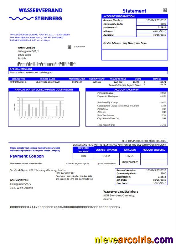 Austria Wasserverband Steinberg water utility bill